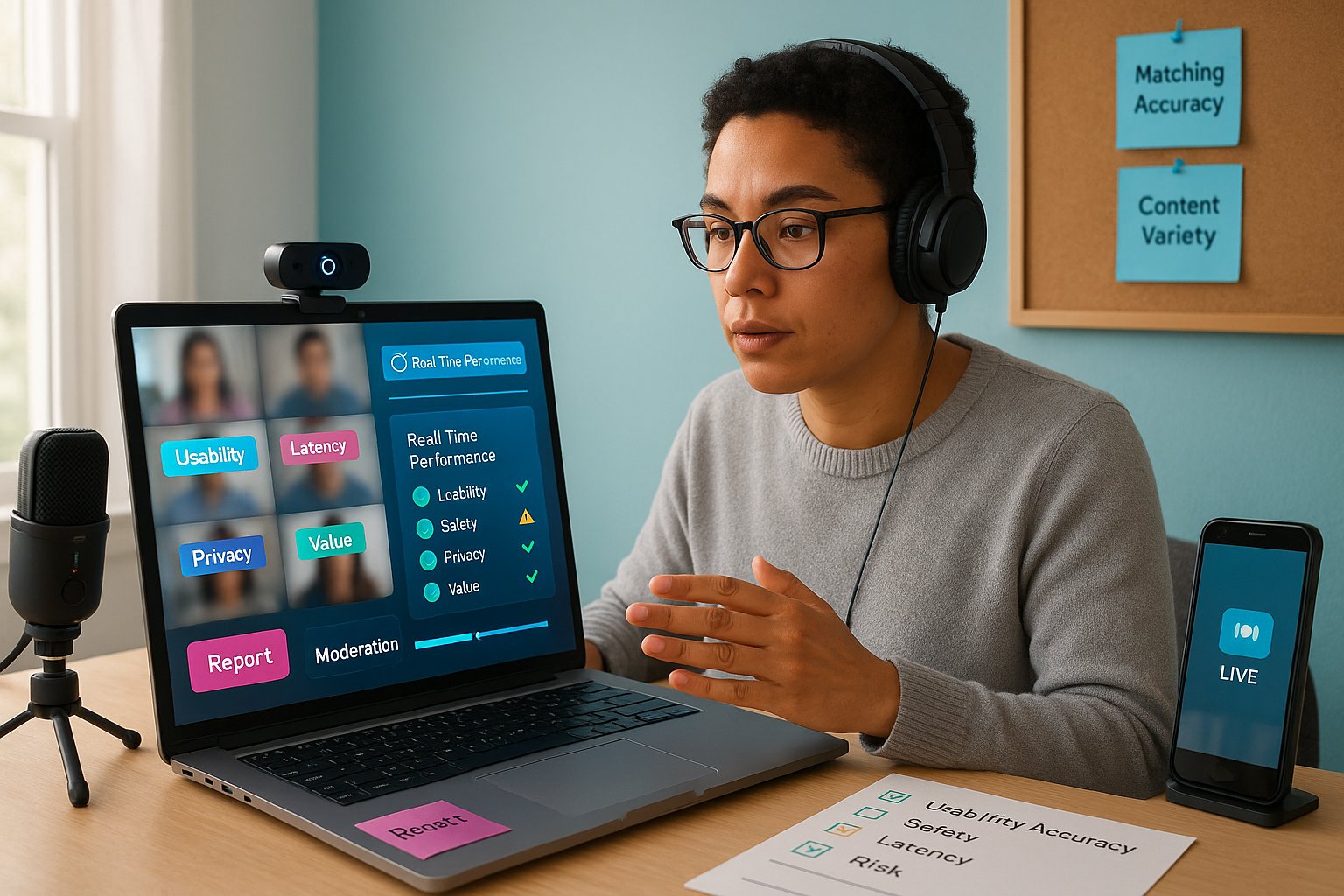 Reviewer testing a video-chat app on a laptop with evaluation checklist.