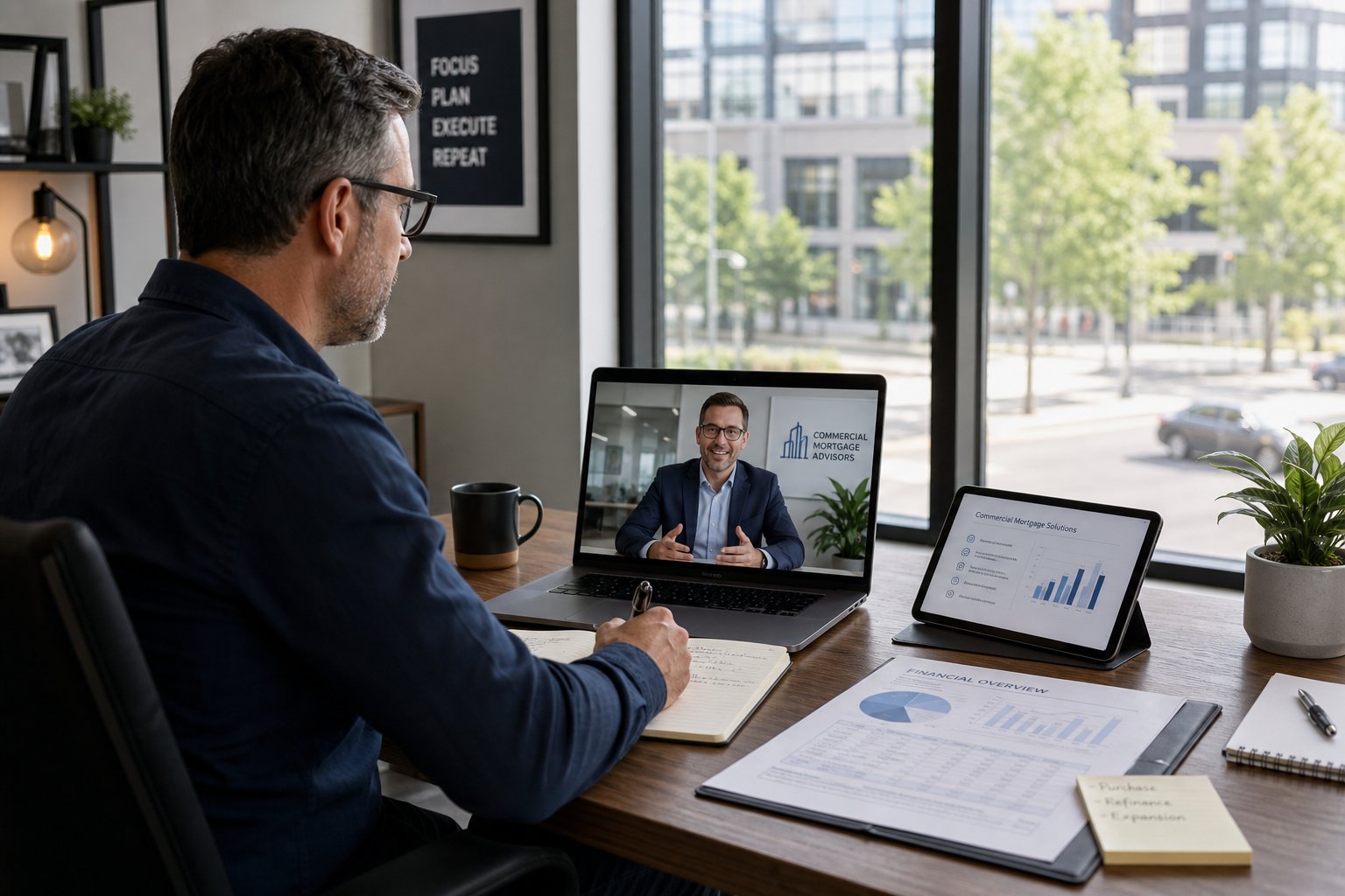 Commercial Mortgage Broker Lytham 11 Business owner on a video call with a commercial mortgage adviser in a modern office.