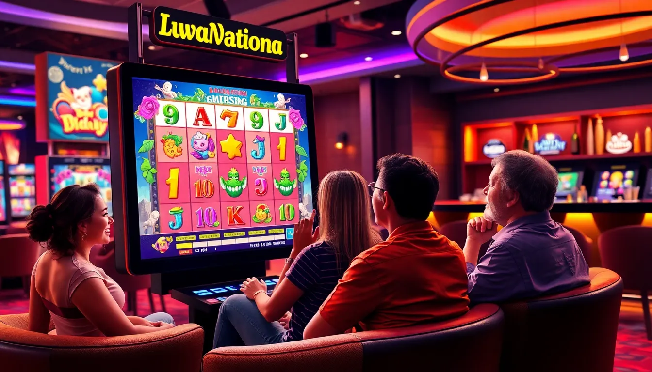 diverse players enjoying Dadunation Slots in a cozy gaming lounge.