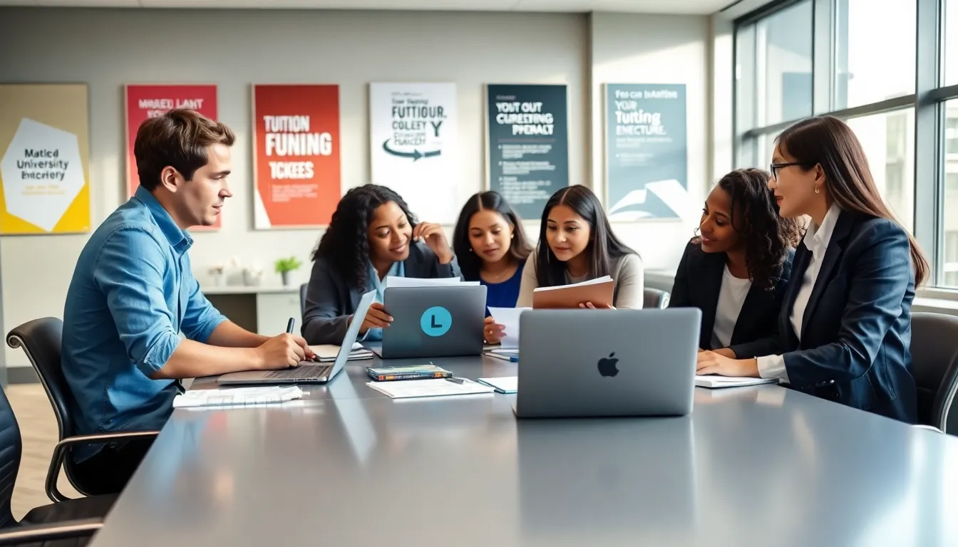 diverse college students discussing tuition costs in a modern office.
