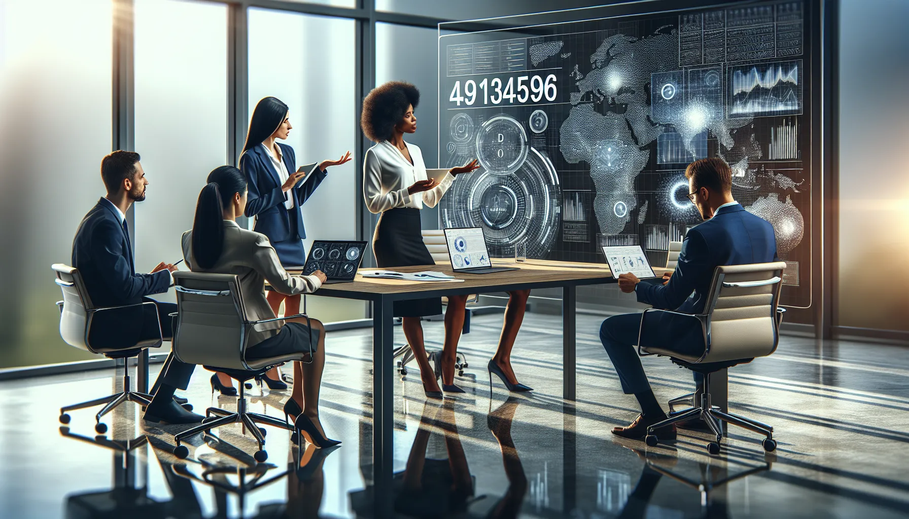 diverse professionals discussing the significance of a number in a modern office.