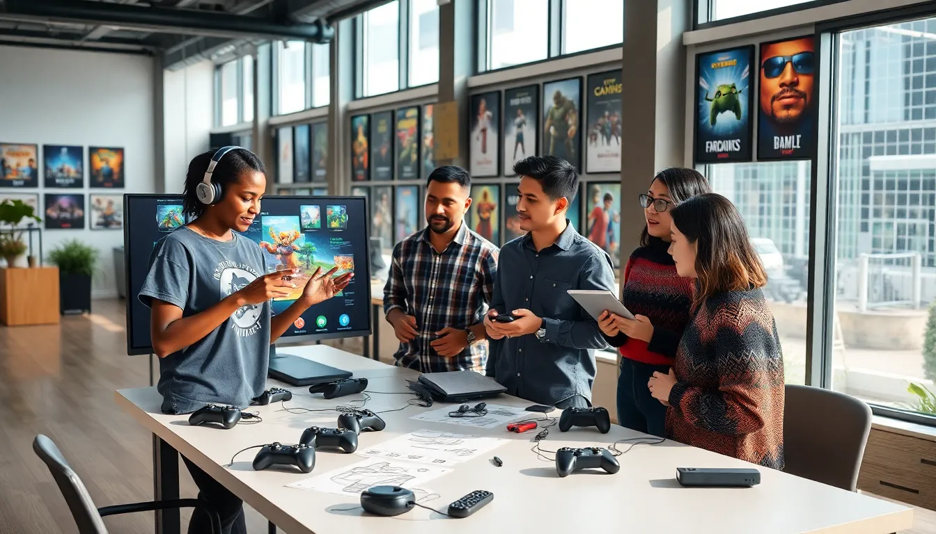 a diverse team discussing game design in a modern office.