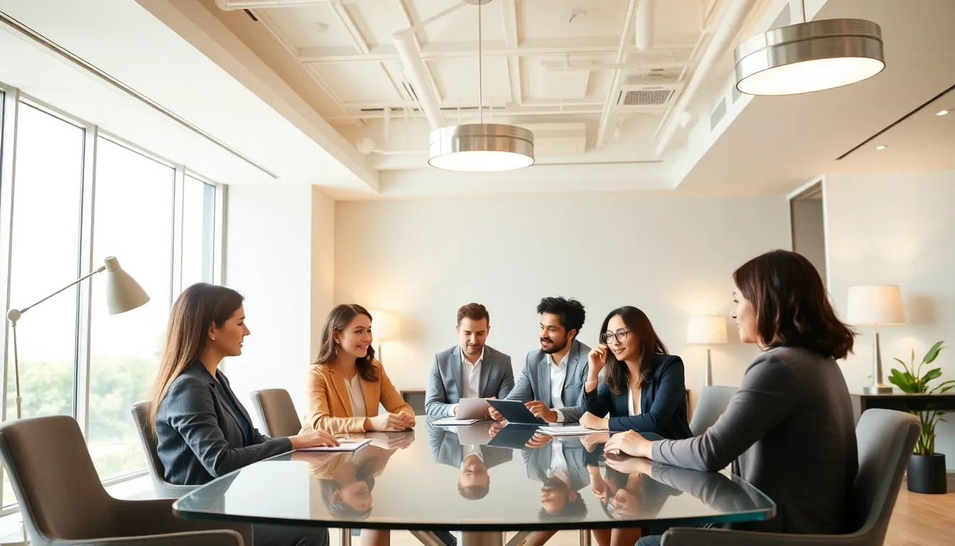 modern office space with balanced lighting fixtures and diverse professionals.