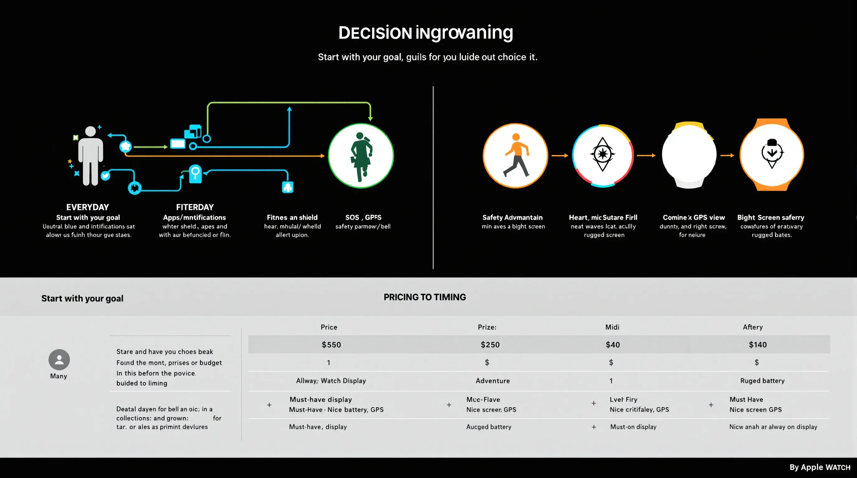 Decision infographic for choosing an Apple Watch by goals, budget, and timing.