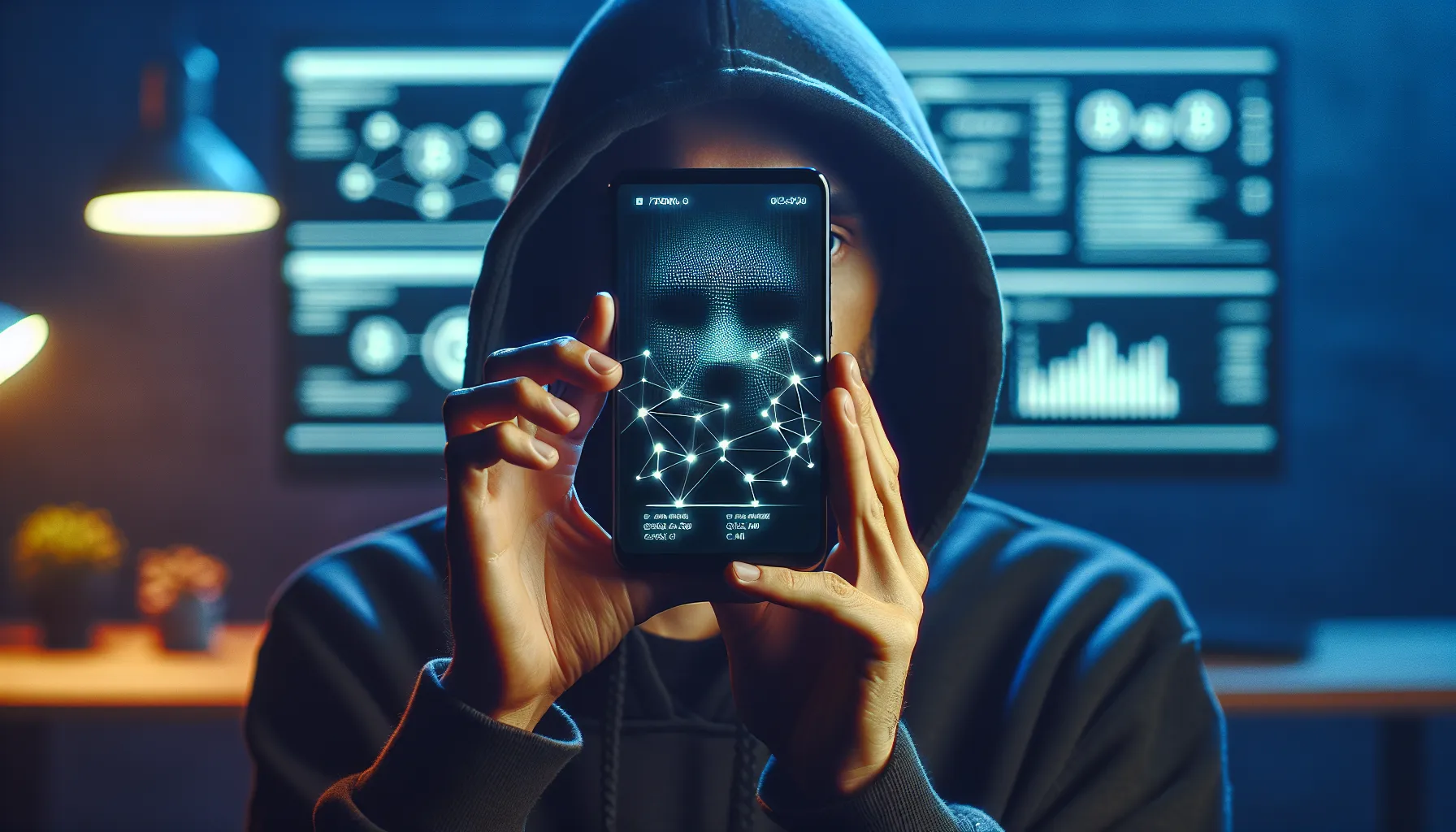 Person holding smartphone with encrypted crypto wallet interface in dimly lit office.
