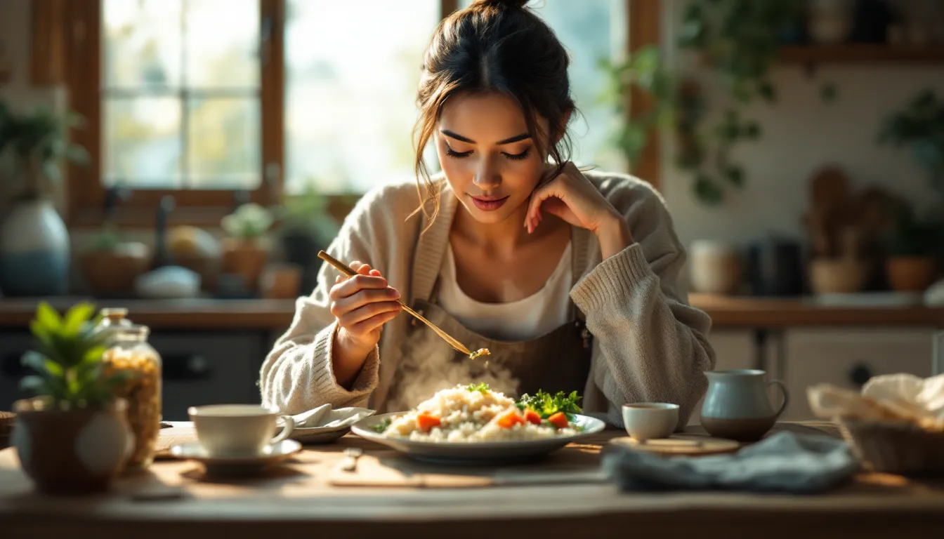 Woman peacefully eating a warm, home-cooked meal alone at a quiet kitchen table.