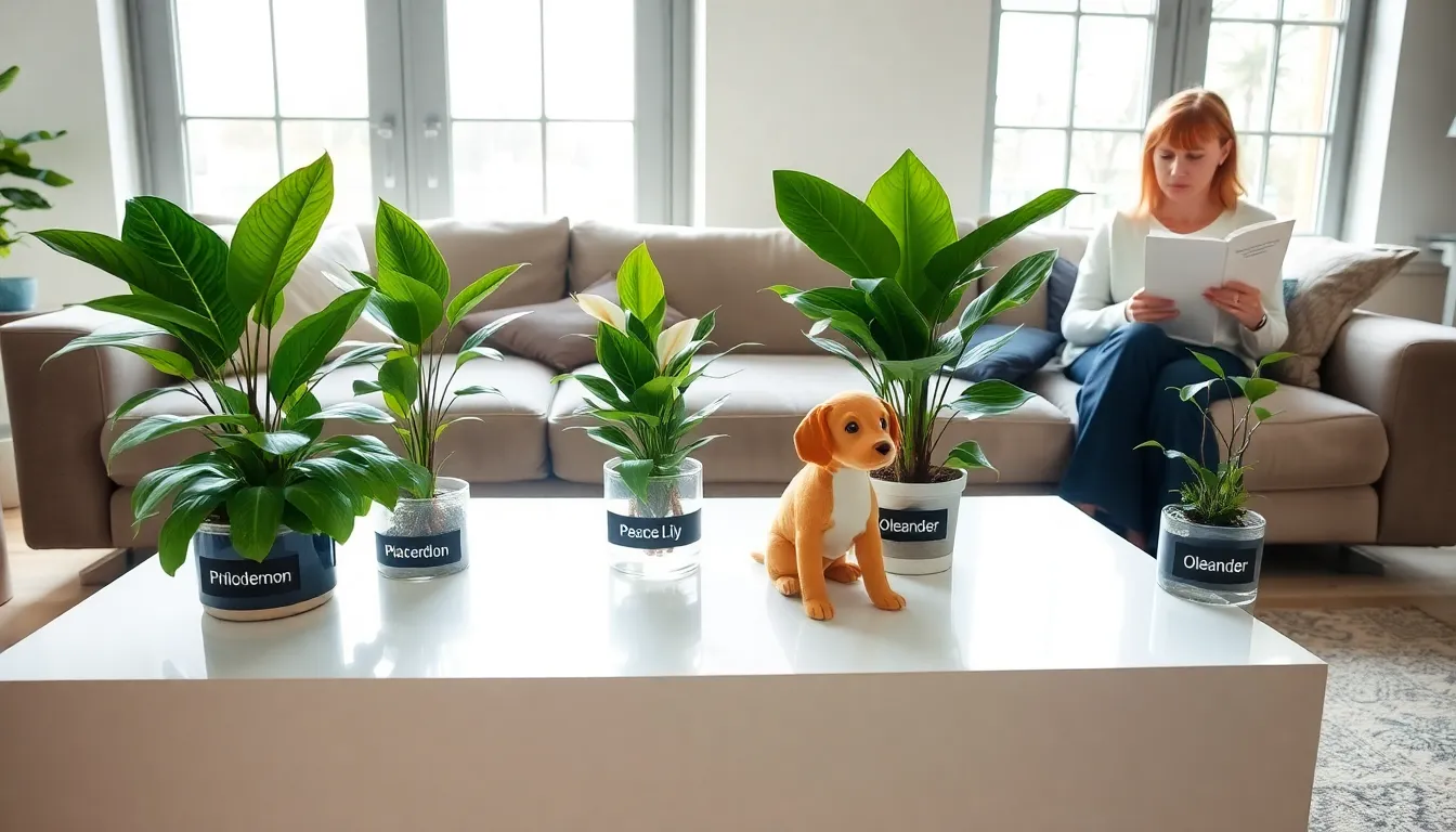 toxic house plants in a modern living room with a curious dog.