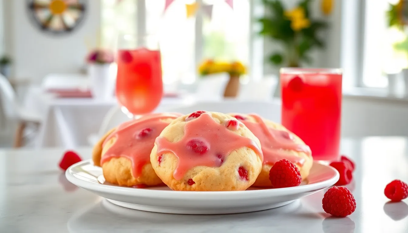 Raspberry lemonade cookies on a white plate with lemonade in the background.