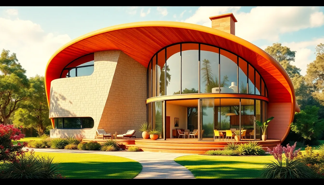 1970s architectural design with vibrant colors and natural forms.