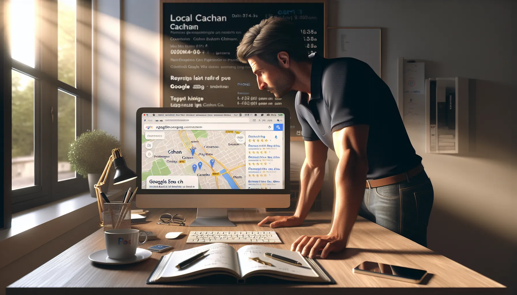 Business owner in Cachan viewing local Google search results and SEO dashboard.