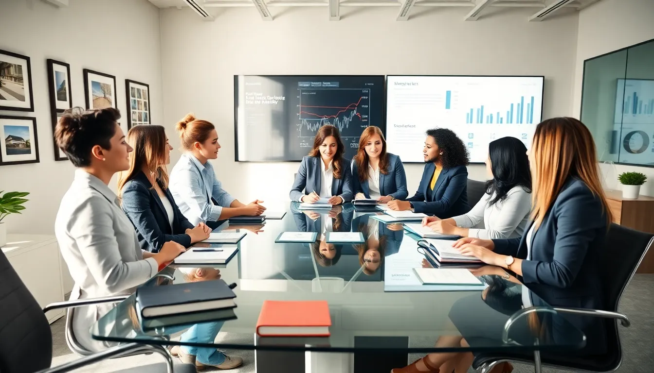 diverse real estate agents collaborating in a modern office setting.