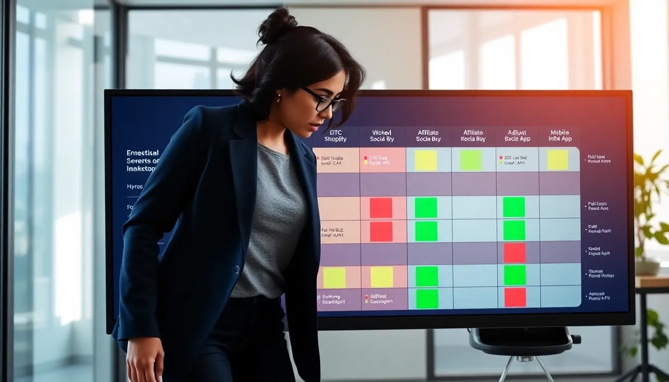 Marketer reviews a 2025 Hyros alternatives color-coded comparison matrix on screen.