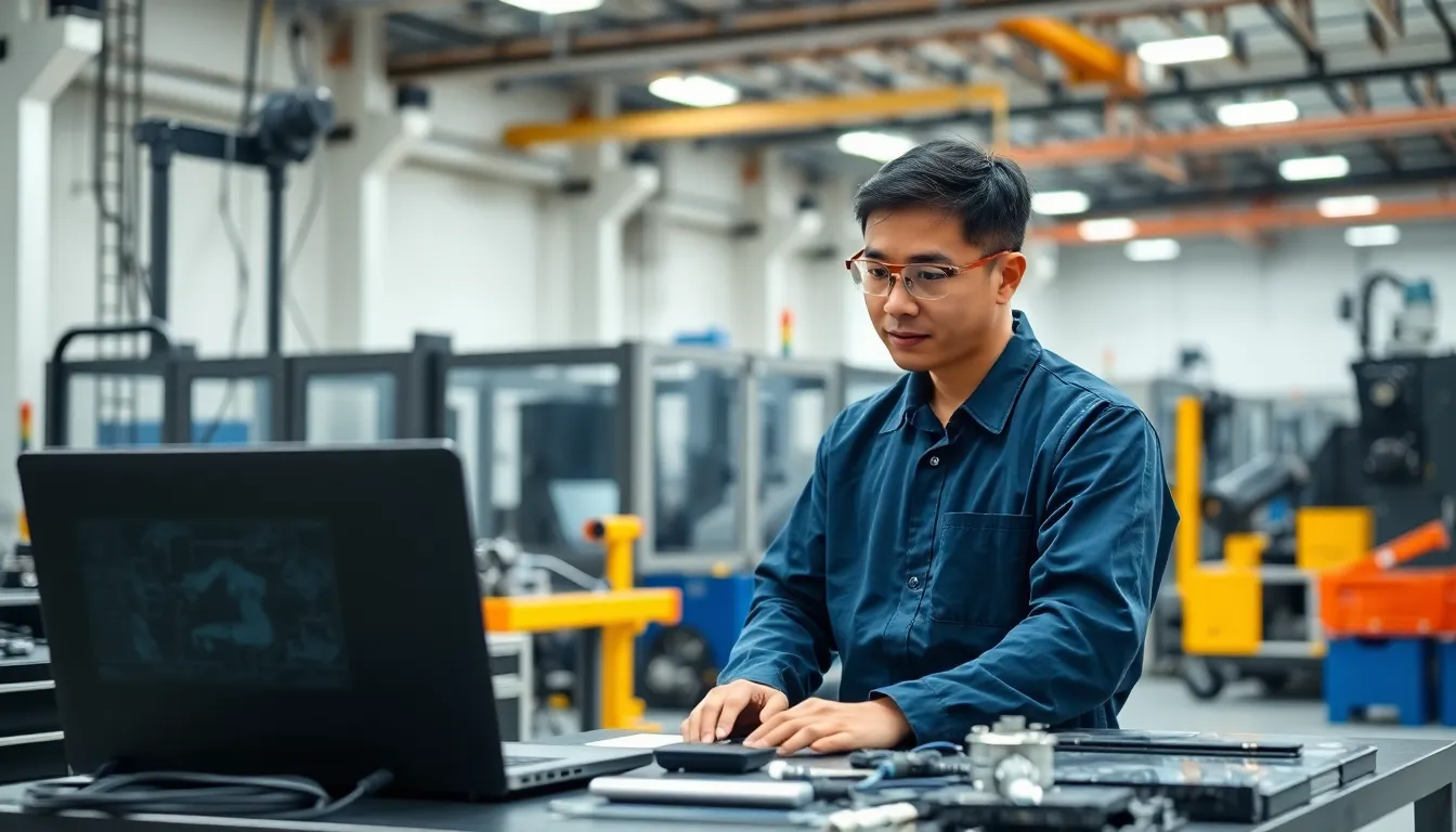 robotics technician working on an industrial robot in a modern facility.