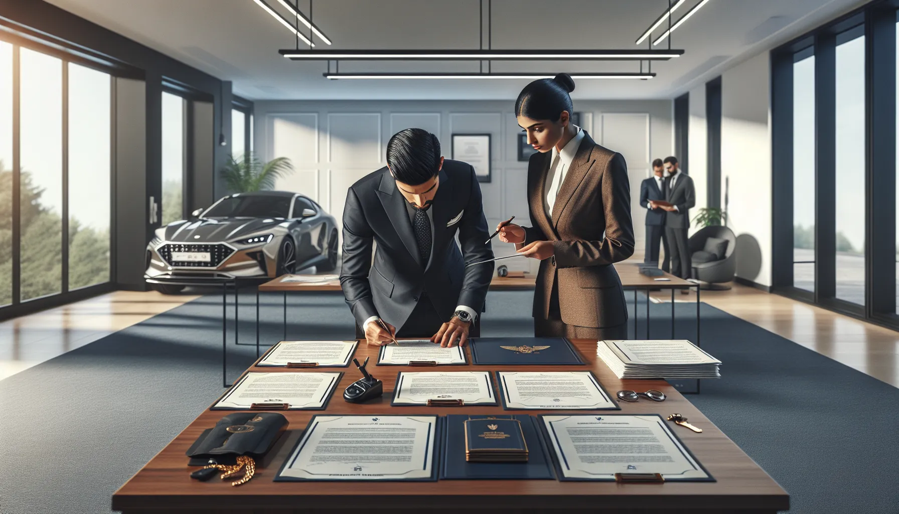 Two professionals reviewing vehicle purchase contract documents in modern office setting