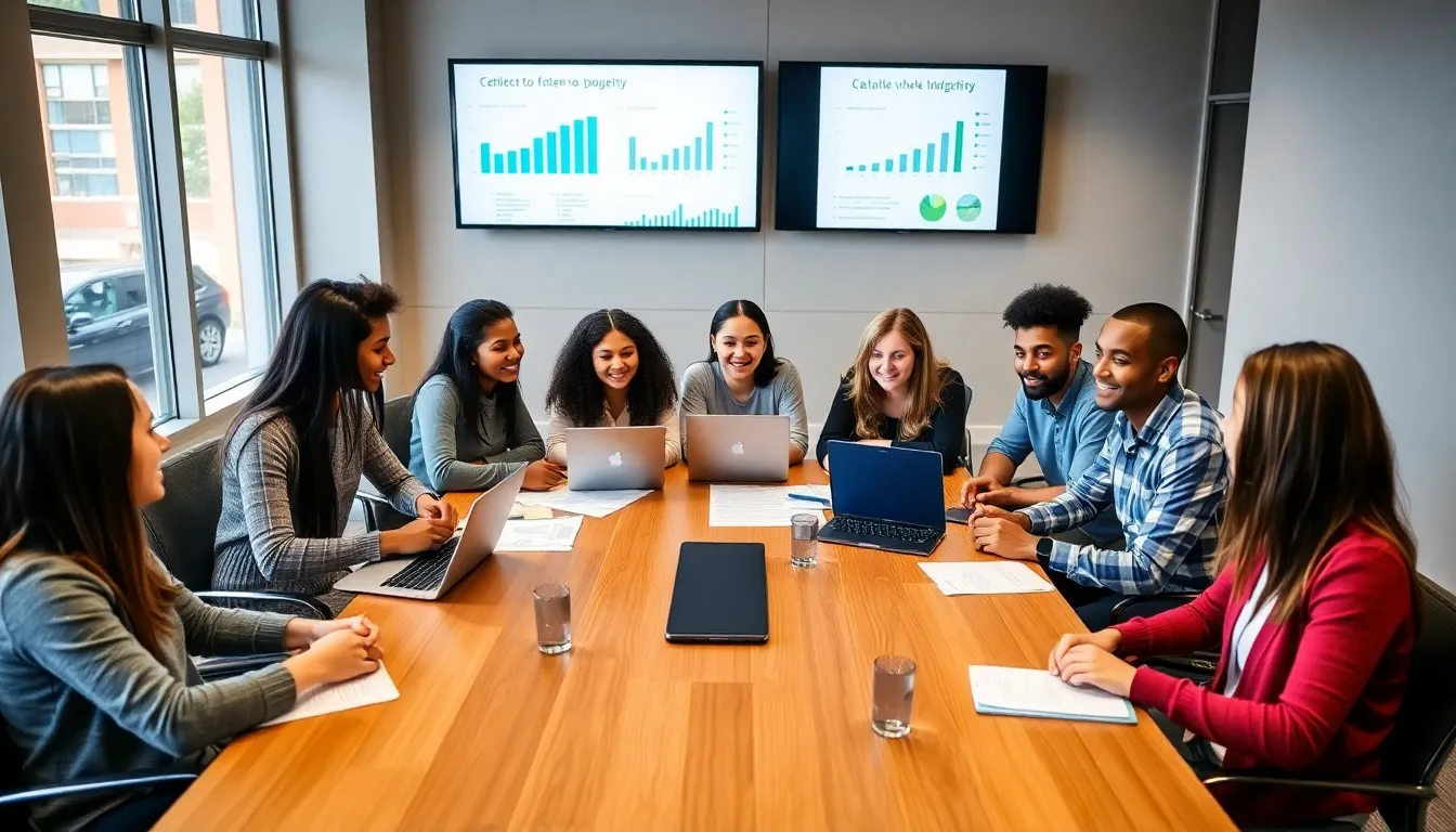 students discussing budgeting strategies in a modern classroom.