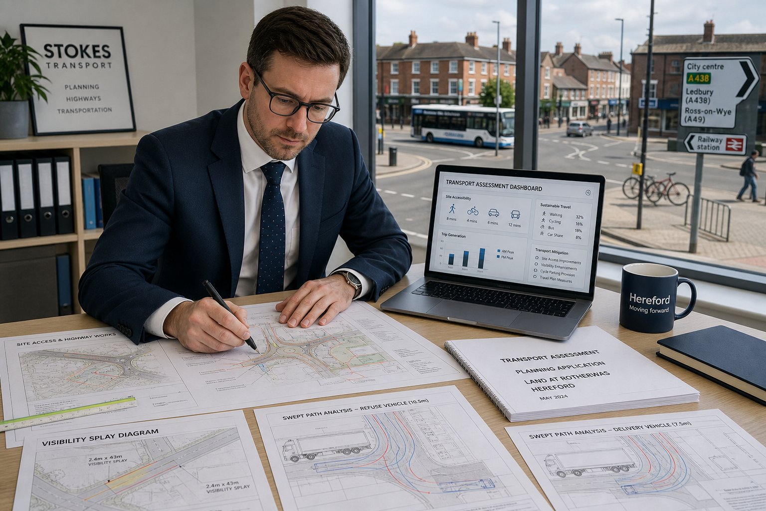 Traffic engineer reviewing planning transport drawings in a modern UK office.