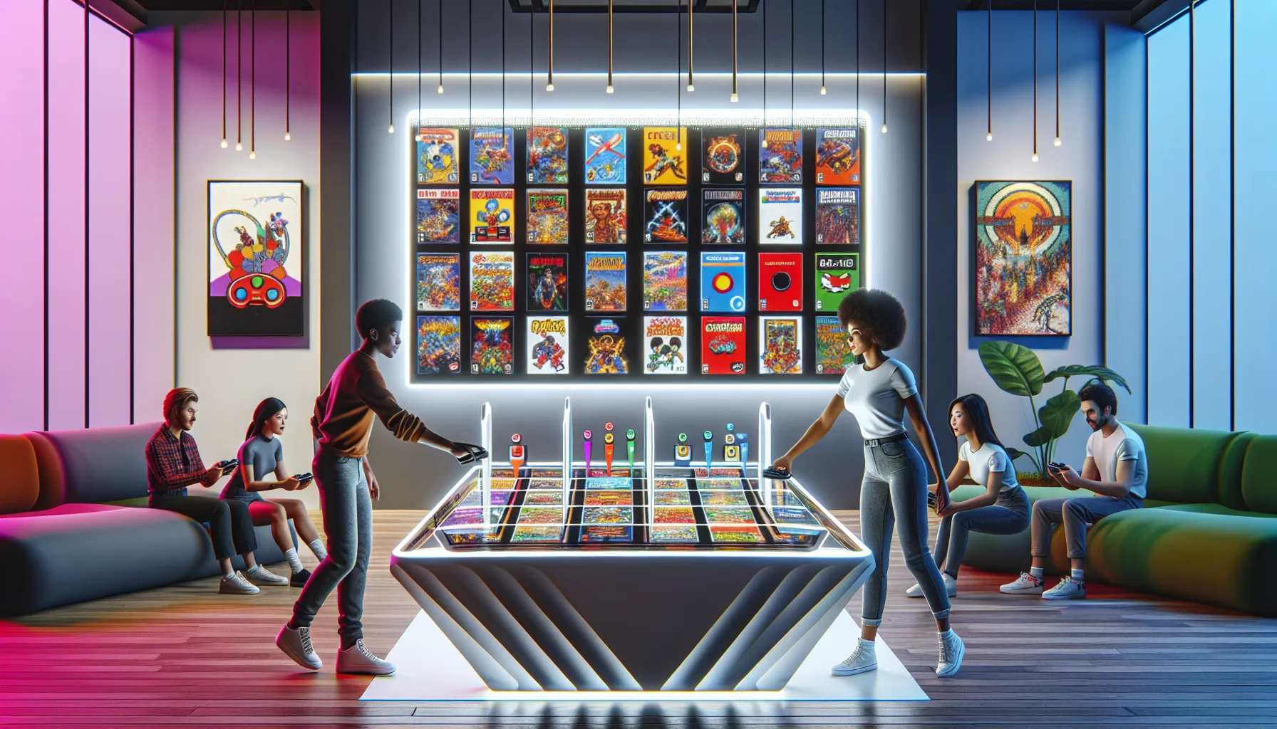 diverse group exploring a digital archive of classic video games.