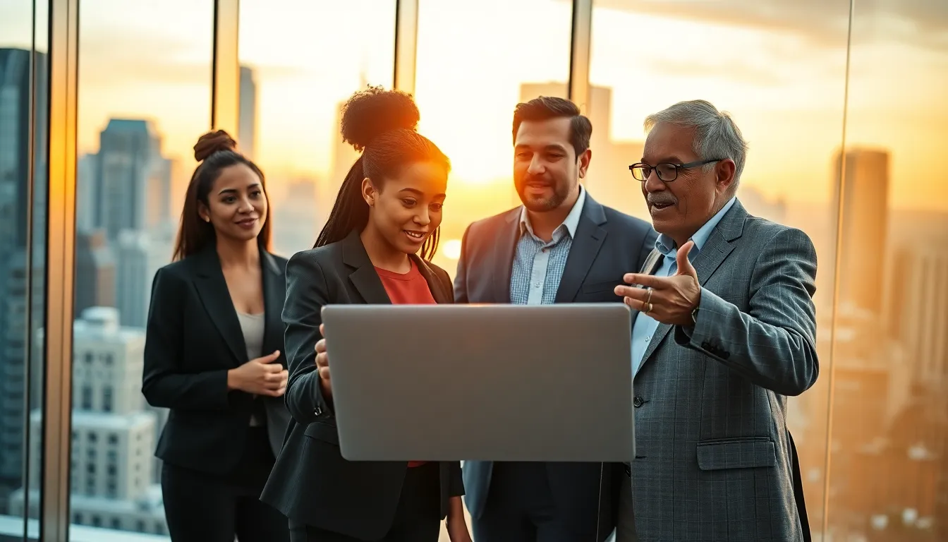 a diverse team collaborating in a modern real estate office at sunset.