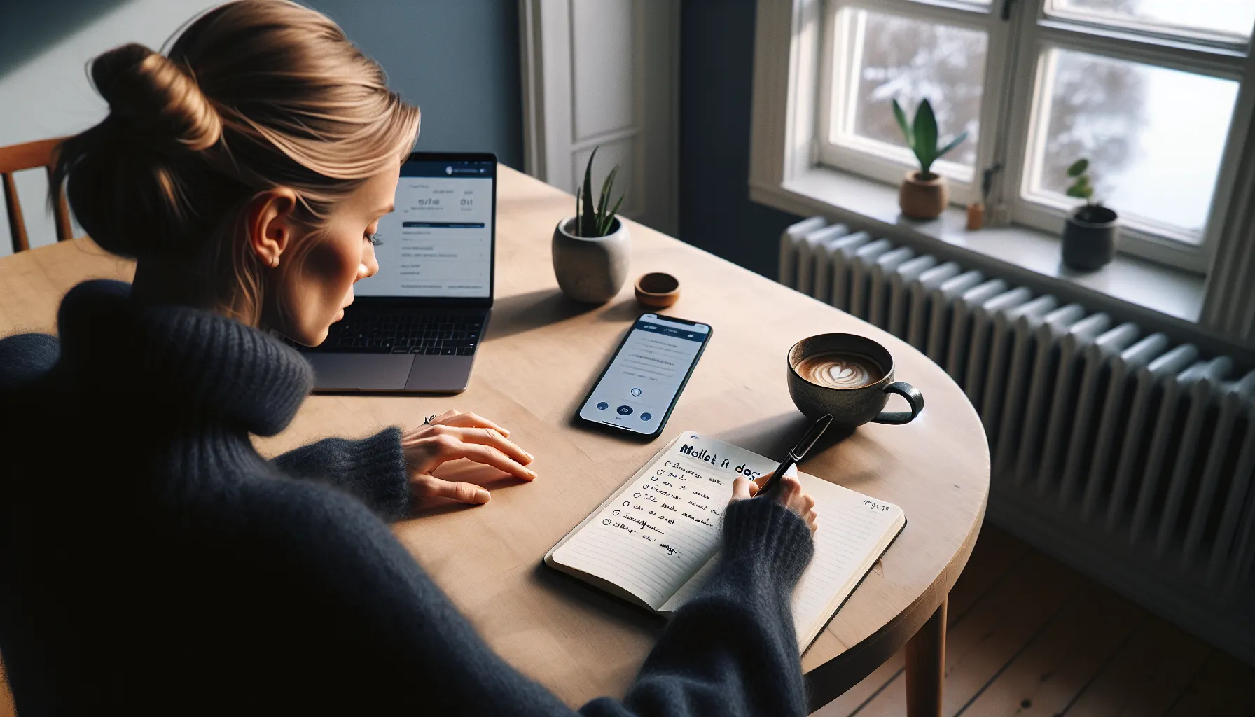 Norwegian patient writes appointment goals beside laptop with consultation channel options.