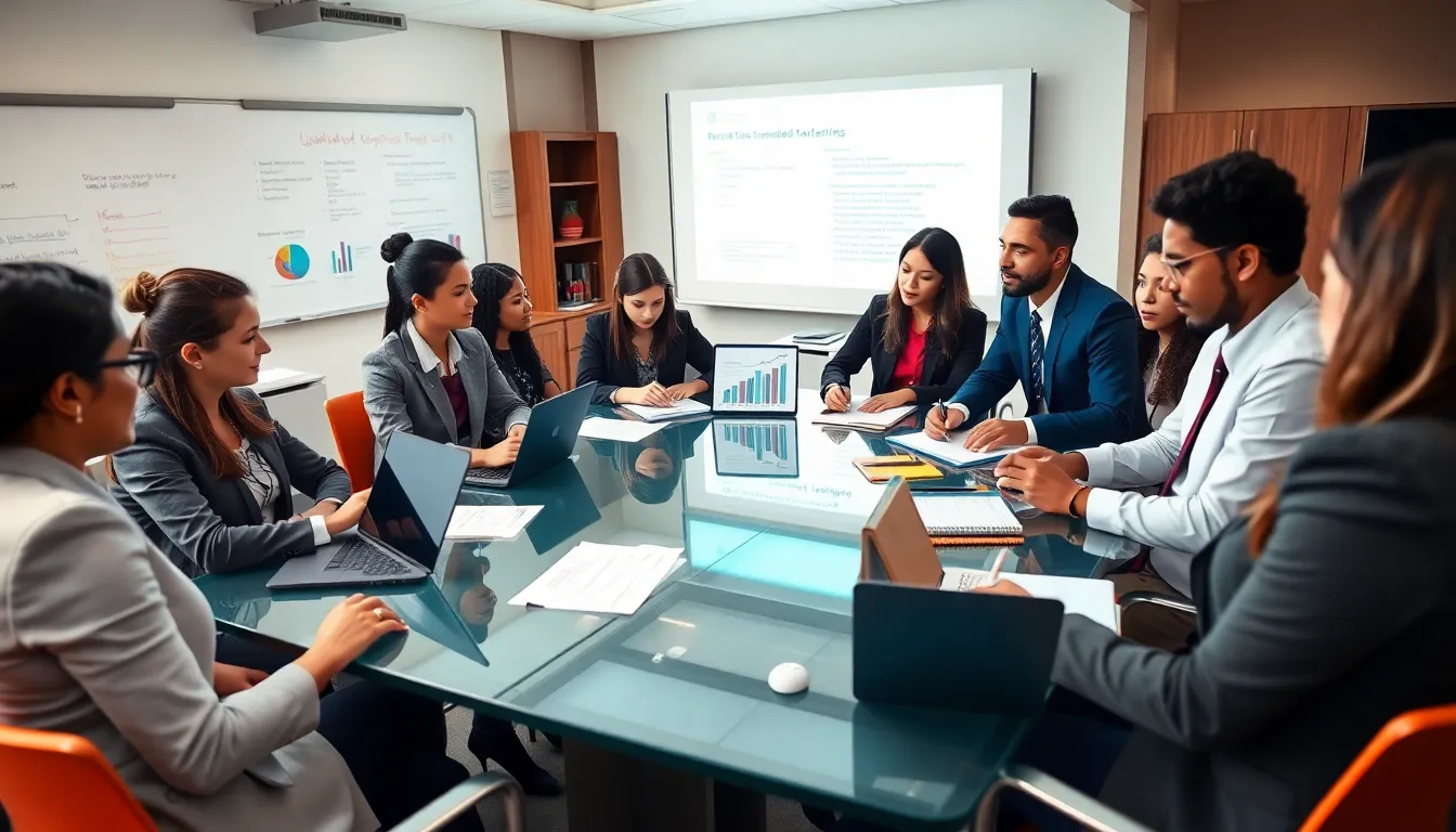 diverse educators discussing standardized testing alternatives in a modern office.
