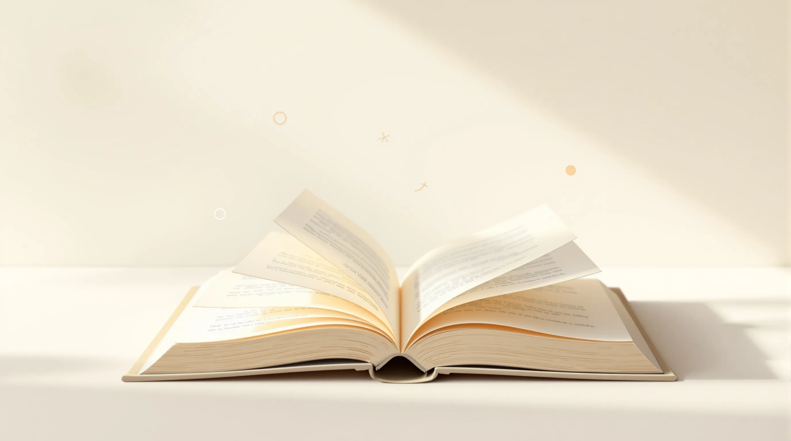 Minimalist open book with floating abstract symbols on a clean neutral background.