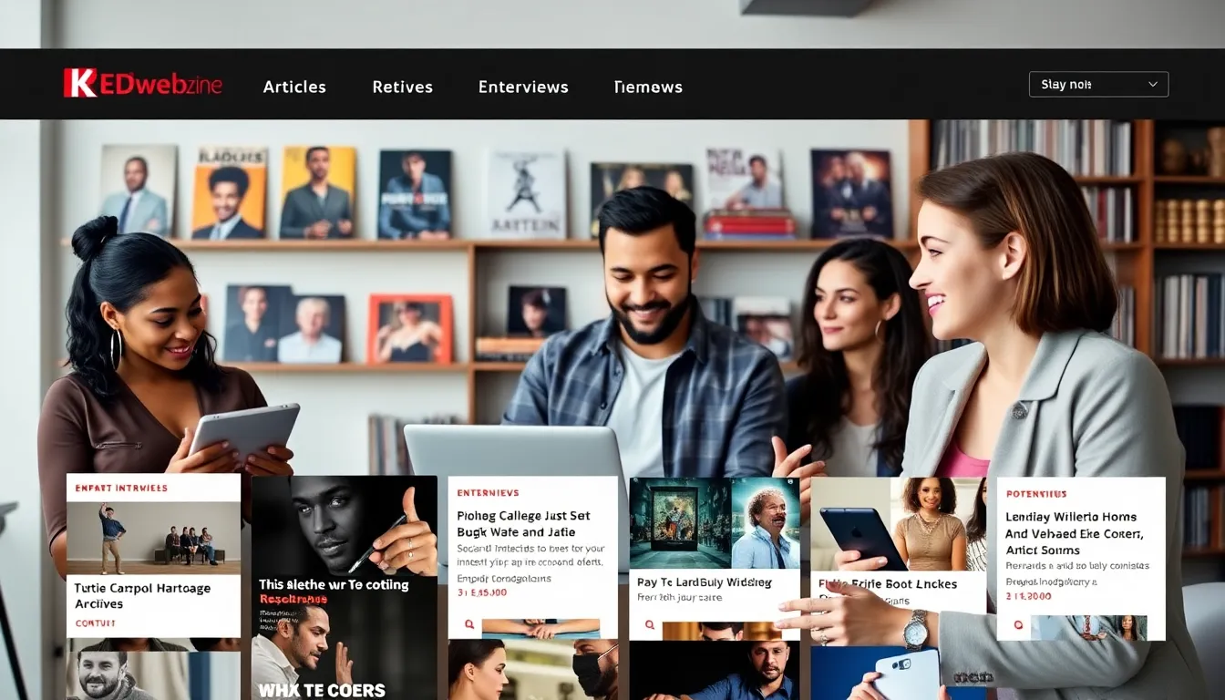 diverse professionals exploring entertainment articles on digital devices.