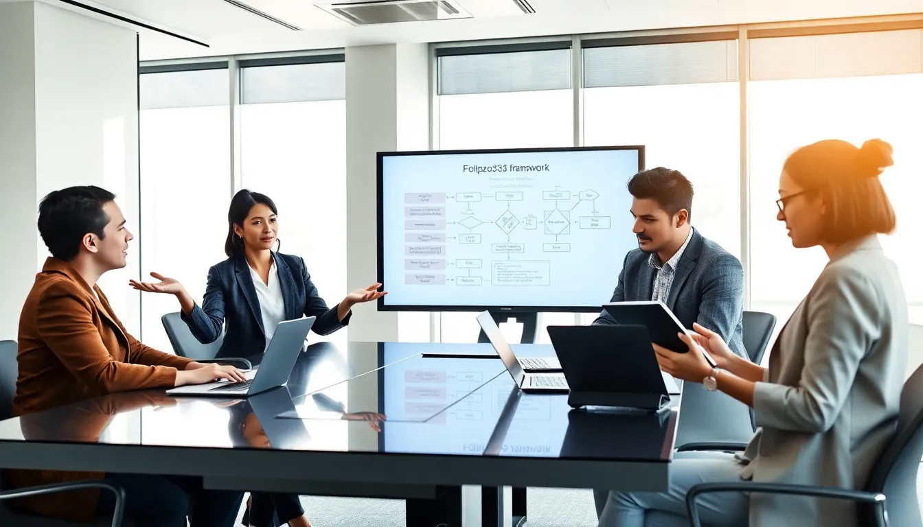 diverse developers collaborating on the Folpzo333 framework in an office.