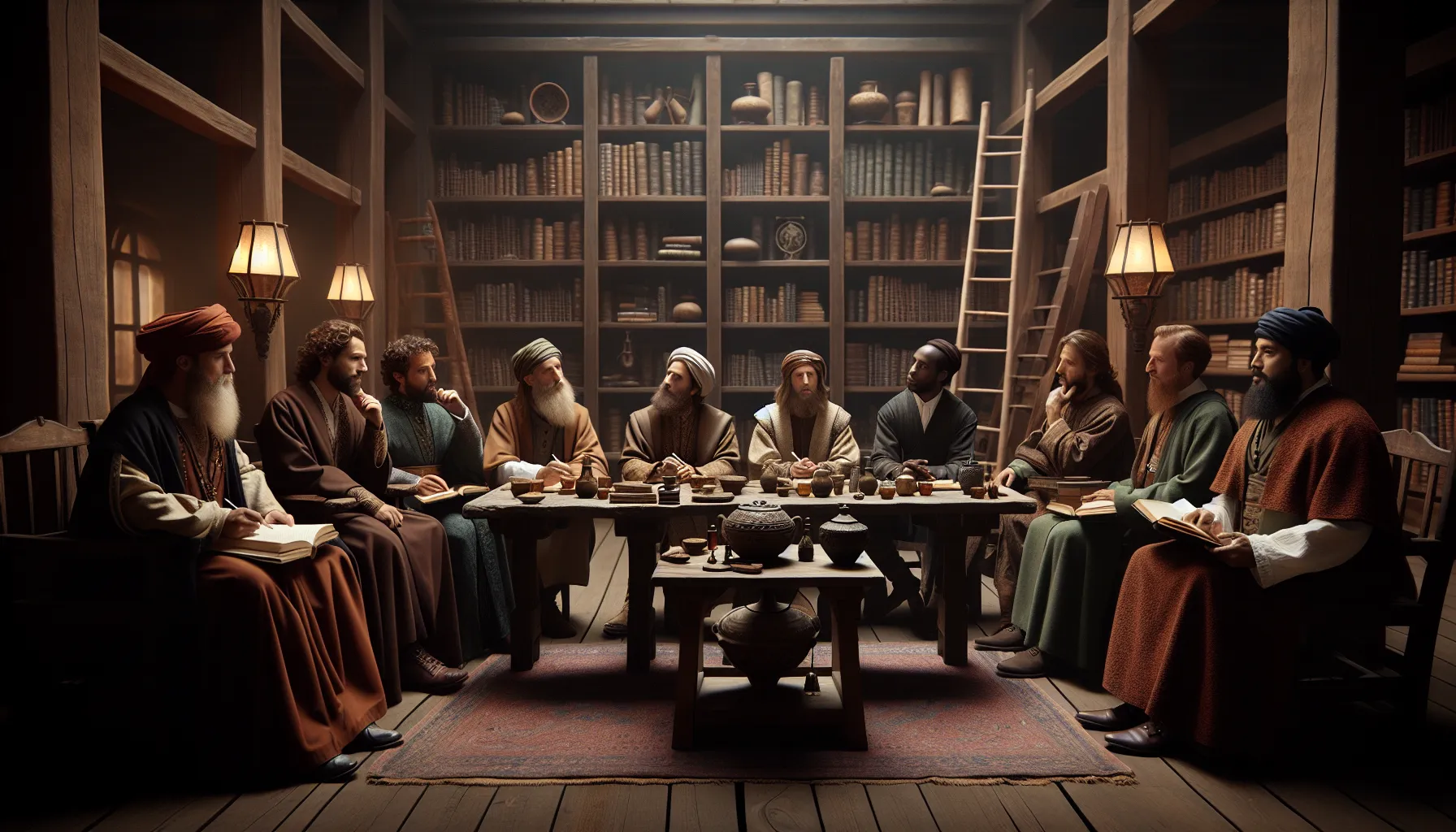 diverse scholars discussing the term 'suhjvfu' over tea.