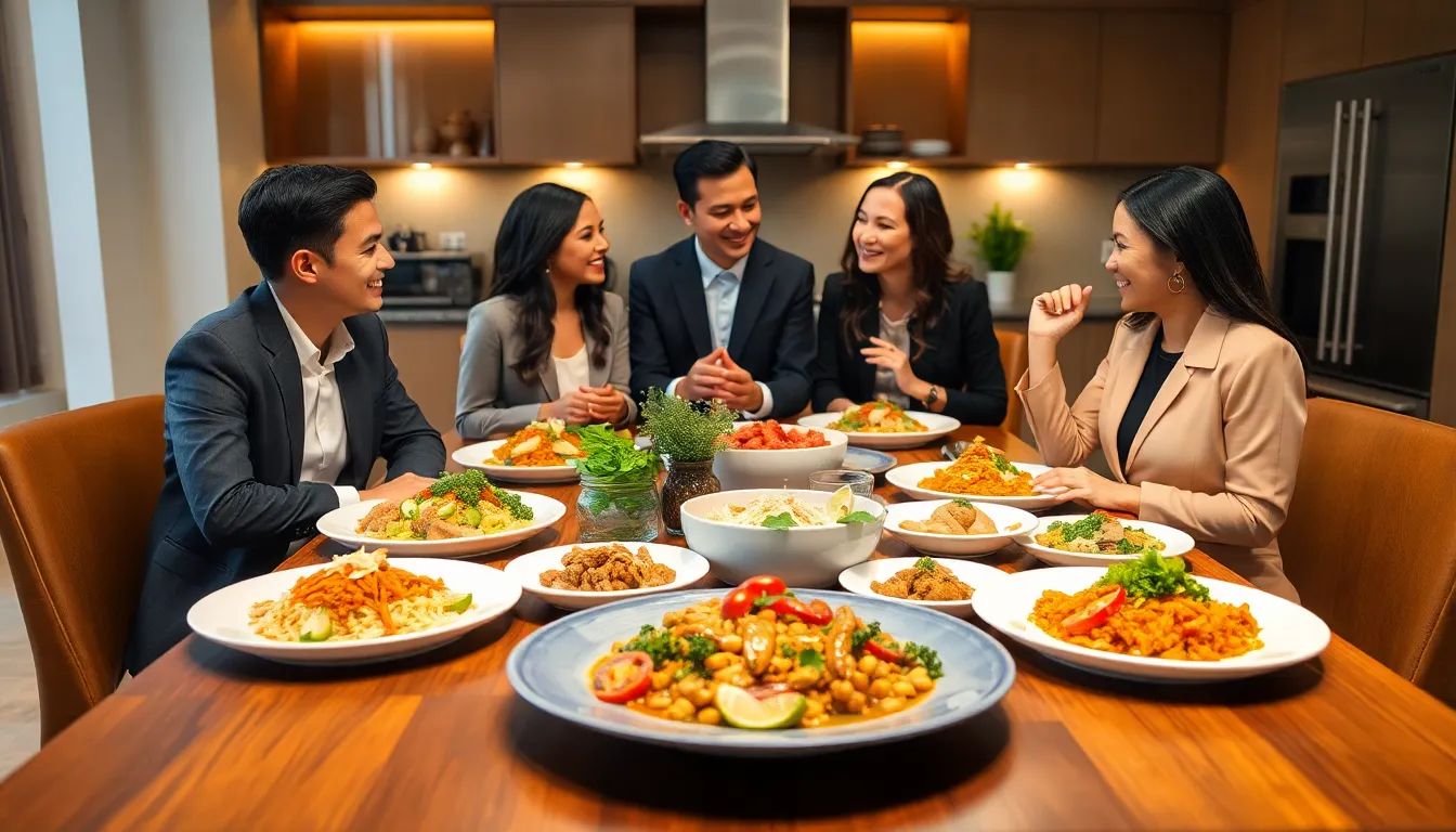 Professionals enjoying manthaoilreat at a modern dining table.