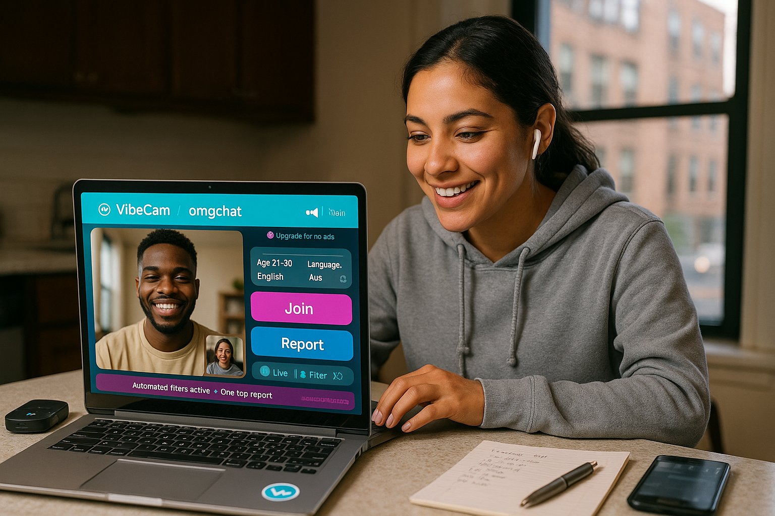 Young woman using laptop for a one-on-one omgchat video call.