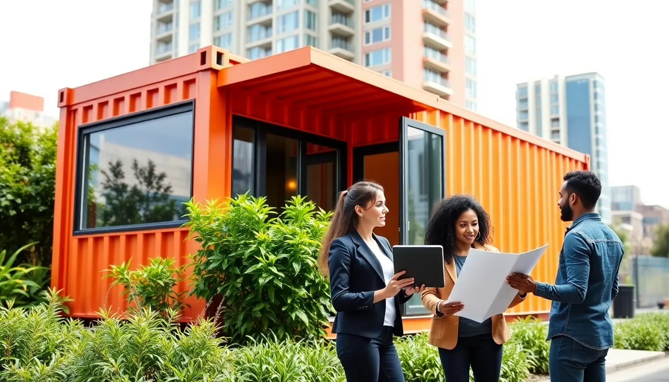 modern shipping container home with professionals discussing design plans.