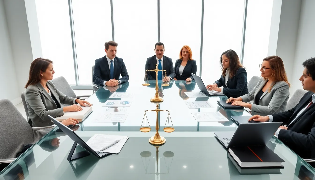 Professional lawyers consulting clients in a modern Brisbane office.