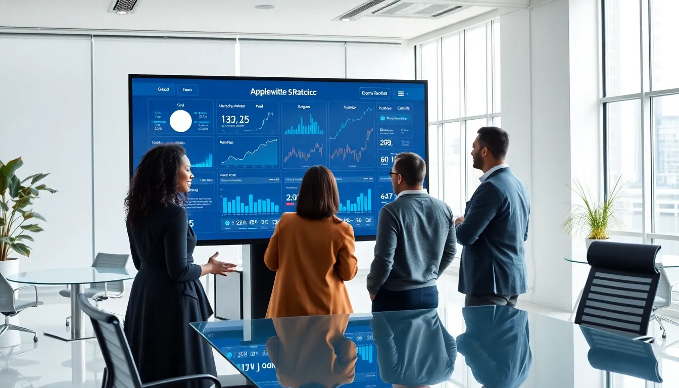 diverse team collaborating over the Applewhite Bitclassic platform in a modern office.