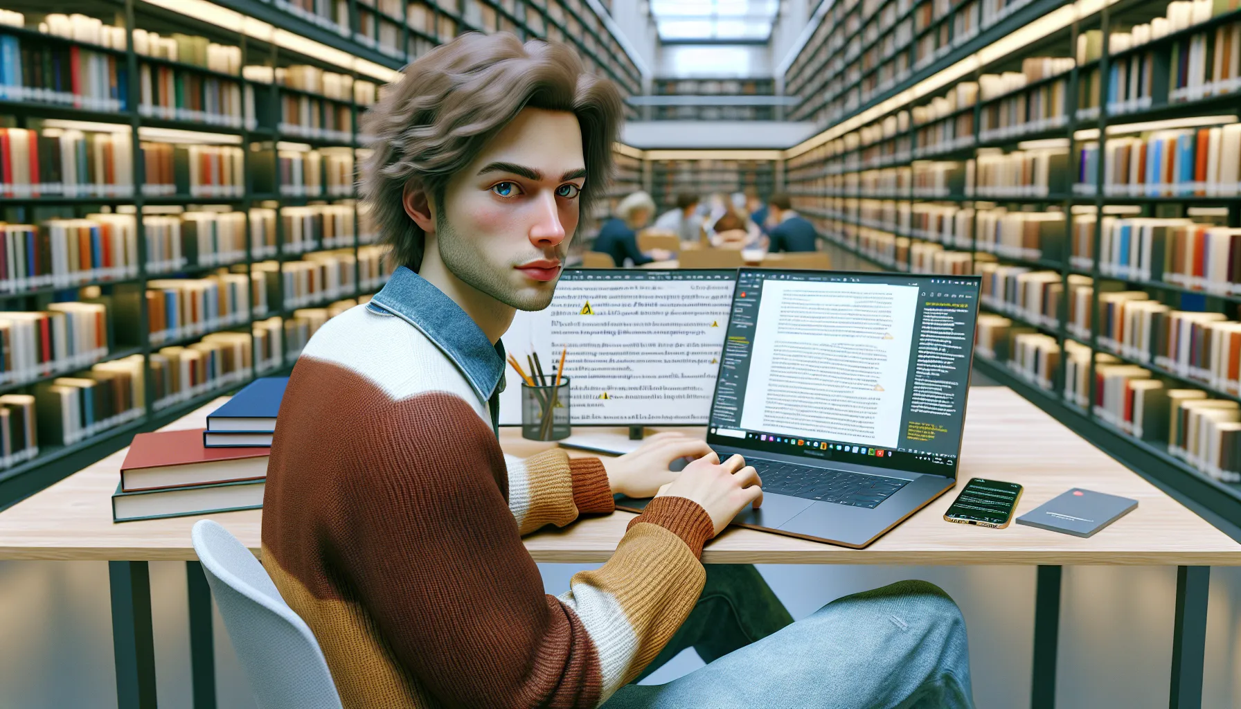 Norwegian student in a library comparing copied text on laptop with original sources.
