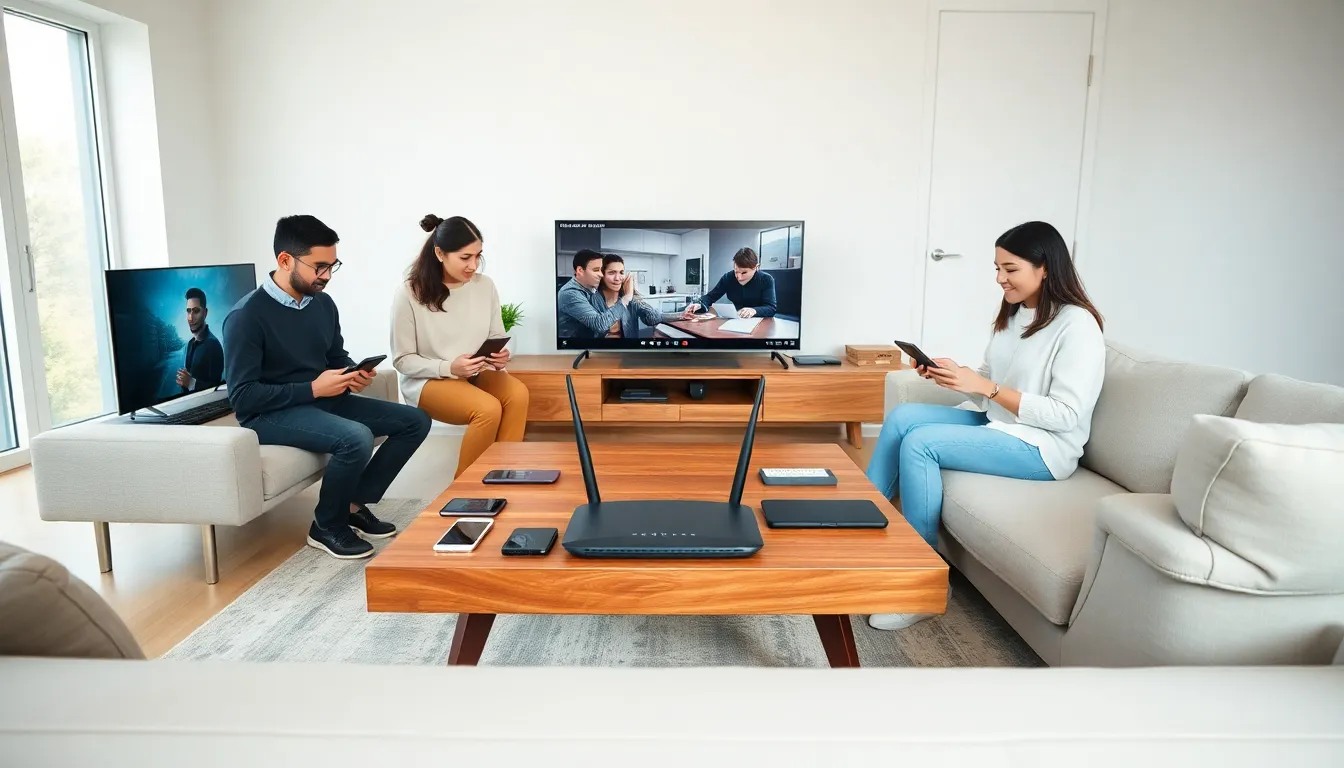 family in a modern home using connected devices.