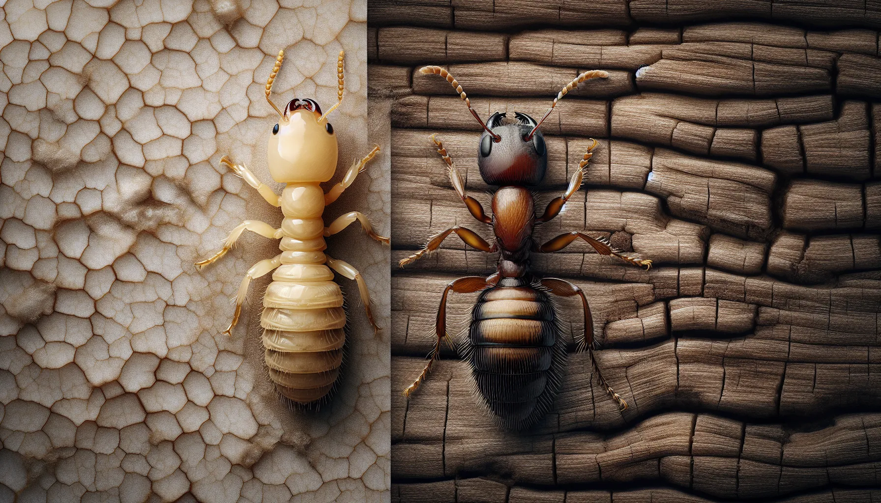 A termite and a carpenter ant on a wooden surface, showing their physical differences.