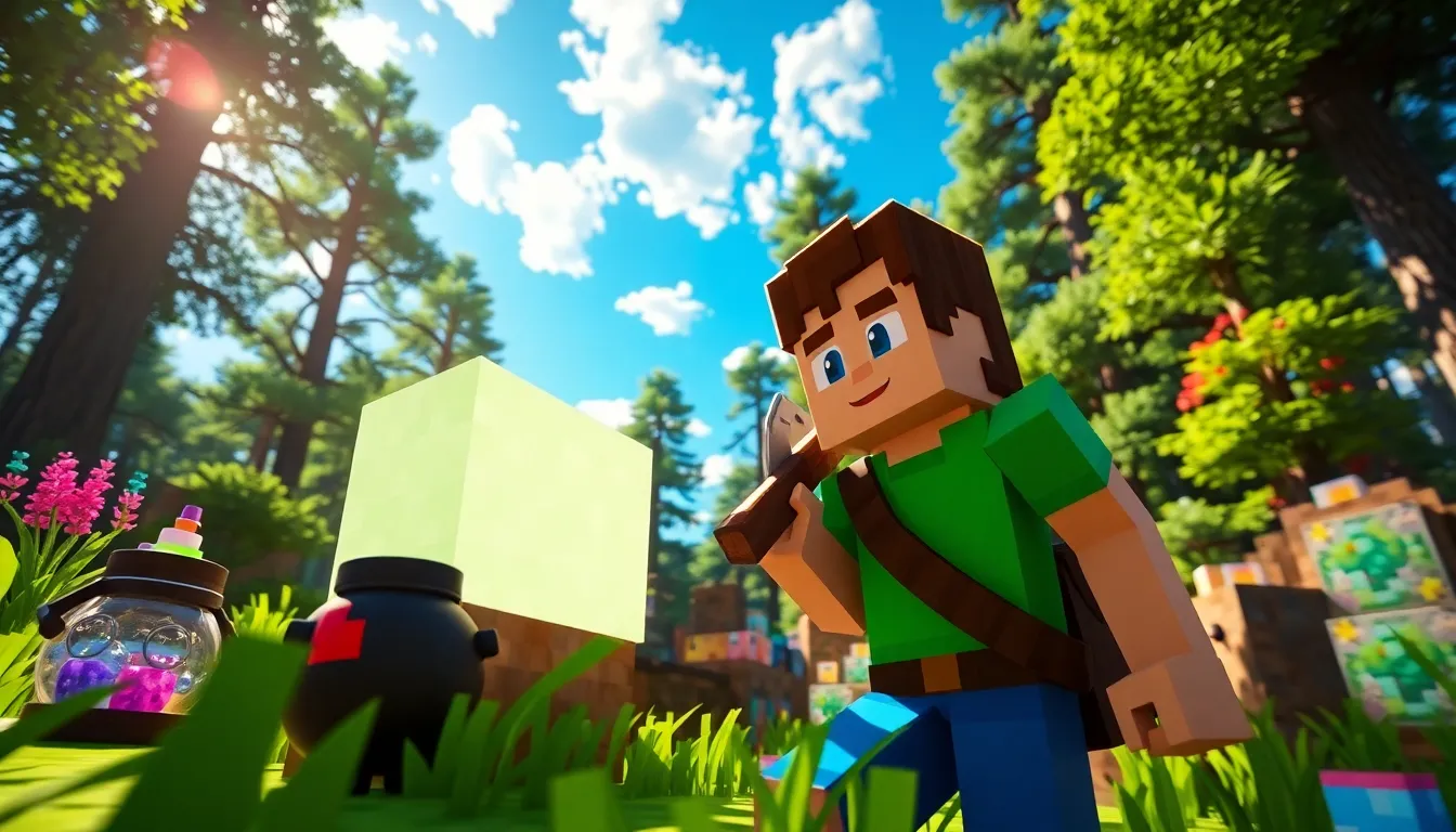 a player in Minecraft intrigued by glowing blocks in a colorful forest.