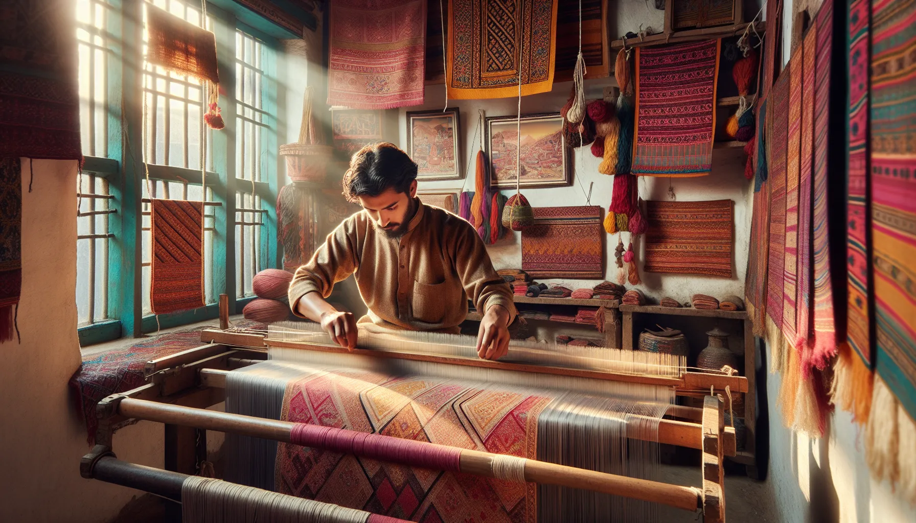 artisan weaving Nepalichikāi in a bright studio.