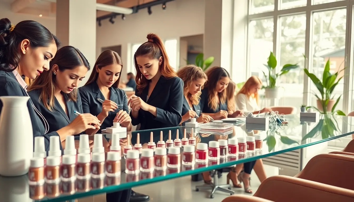 nail technicians applying chrome nail polish in a modern salon.