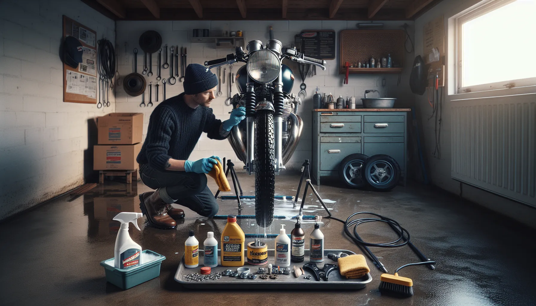 Rider prepares motorcycle for winter in a norwegian garage with snow outside.