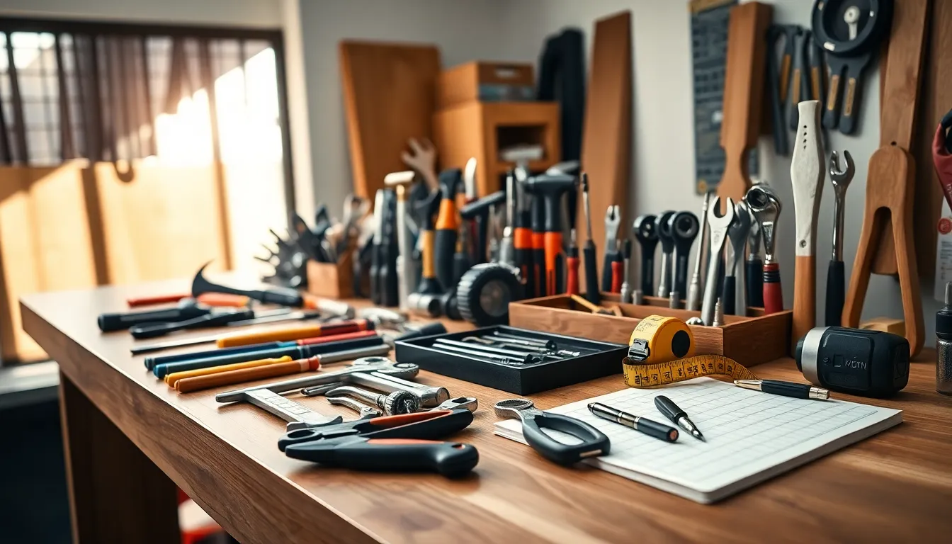 well-organized workshop with essential hand tools on a workbench.