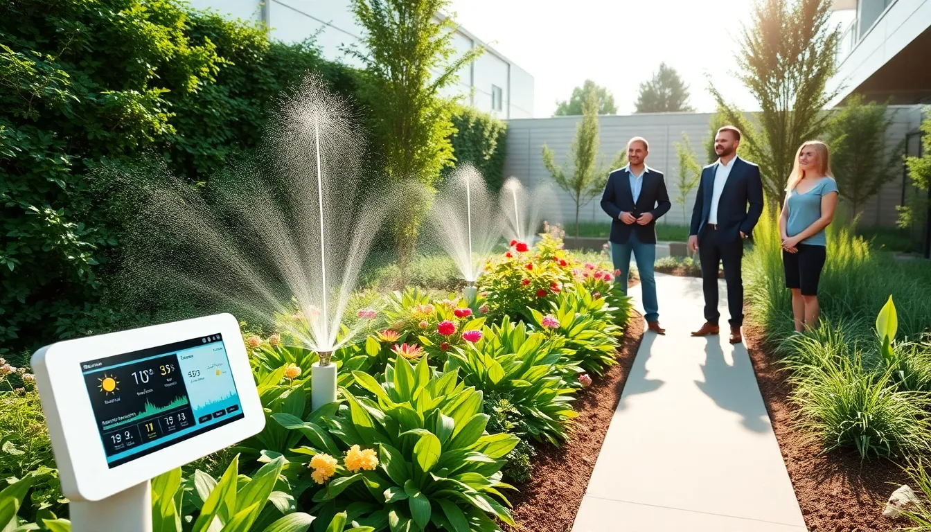 modern garden with a smart irrigation system in use.