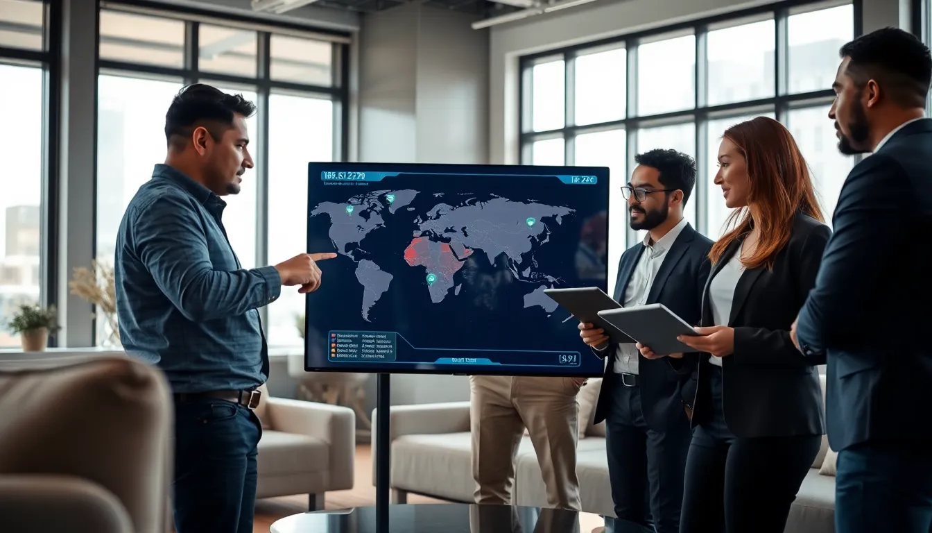 team discussing network protocols in a modern office.