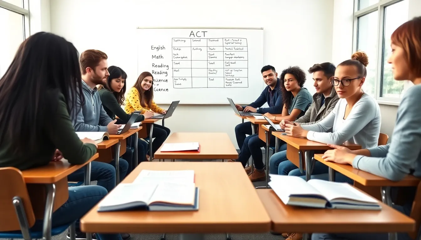 diverse students collaborating on ACT study tips in a modern classroom.