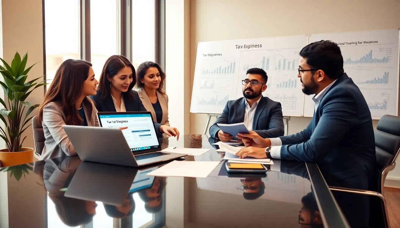 diverse small business owners collaborating on tax strategies in an office.