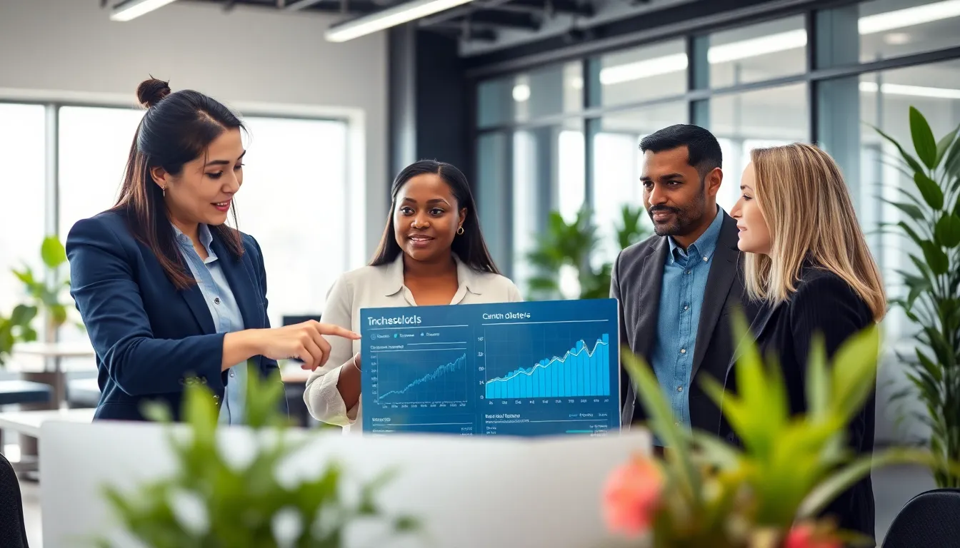 diverse team discussing technology in a modern office.