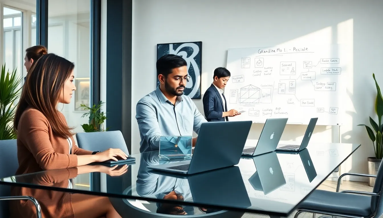 professionals discussing GrandiaMod 1.2 in a modern office.