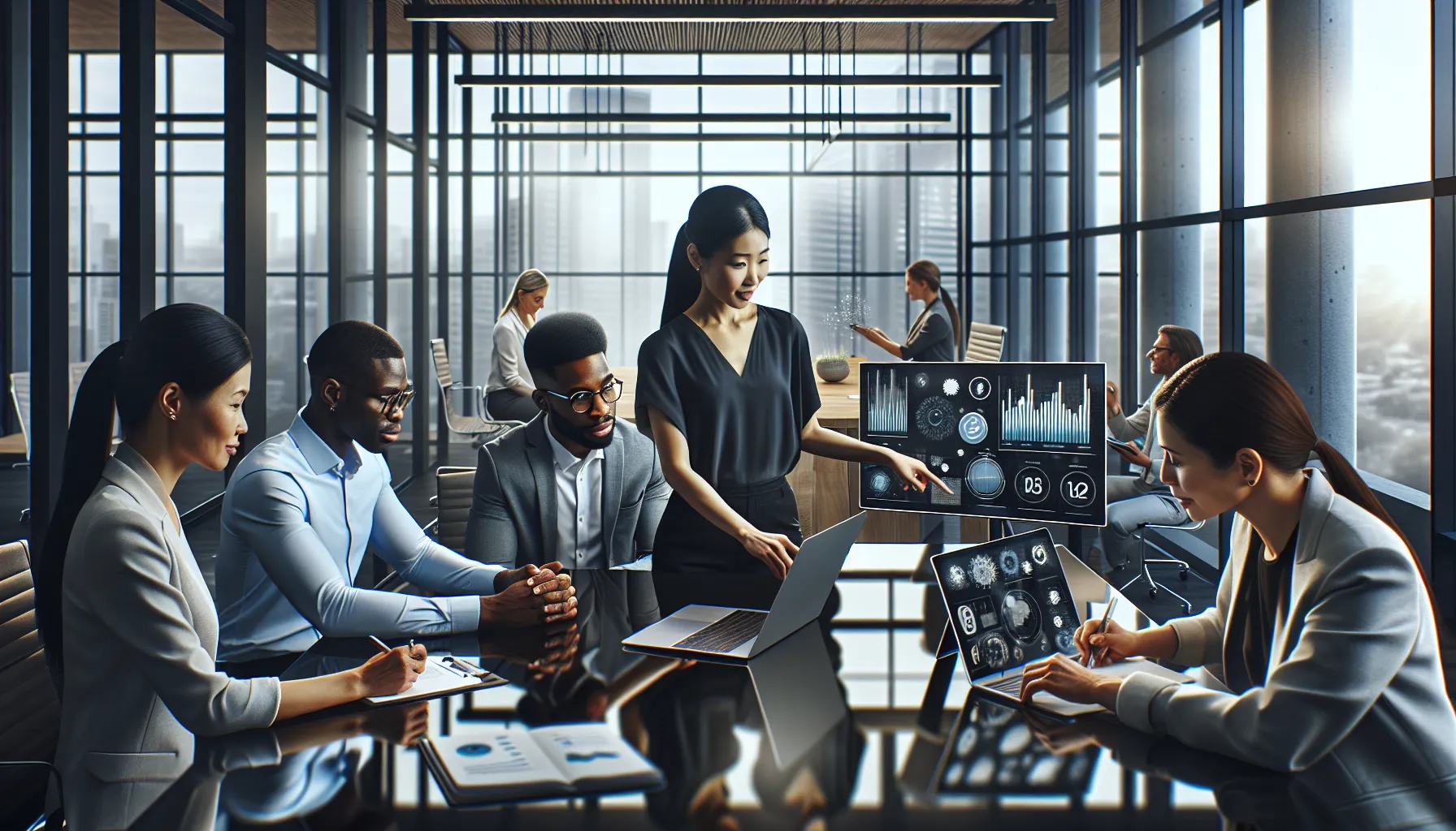 diverse team discussing logistics in a modern office setting.