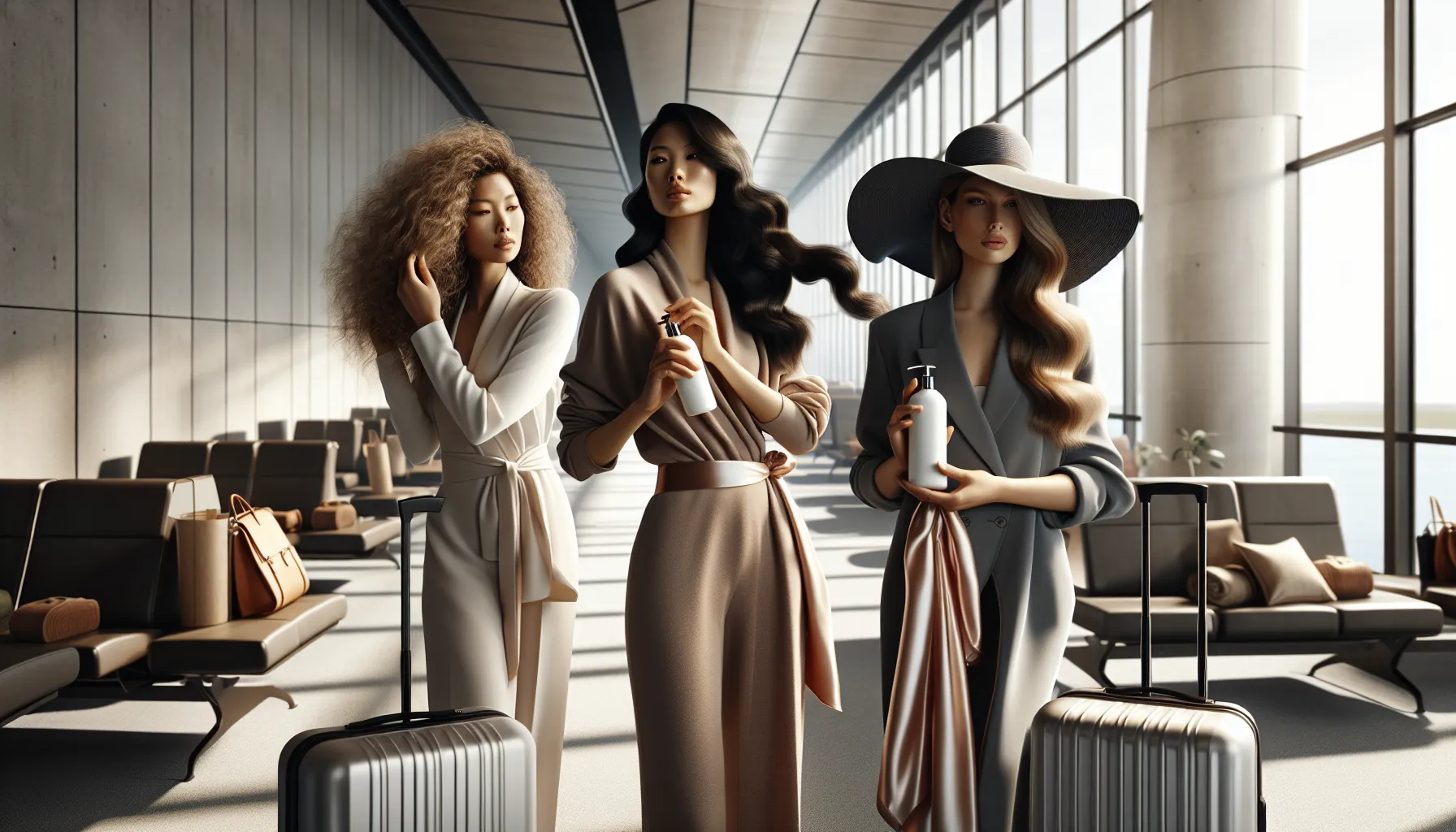 diverse women applying hair care products in a stylish airport lounge.