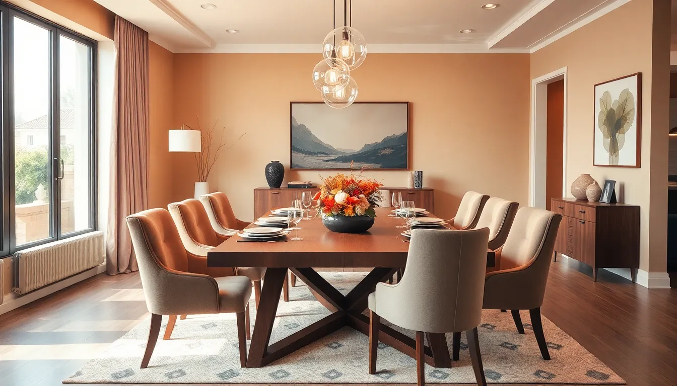 modern dining room with elegant table and inviting decor.